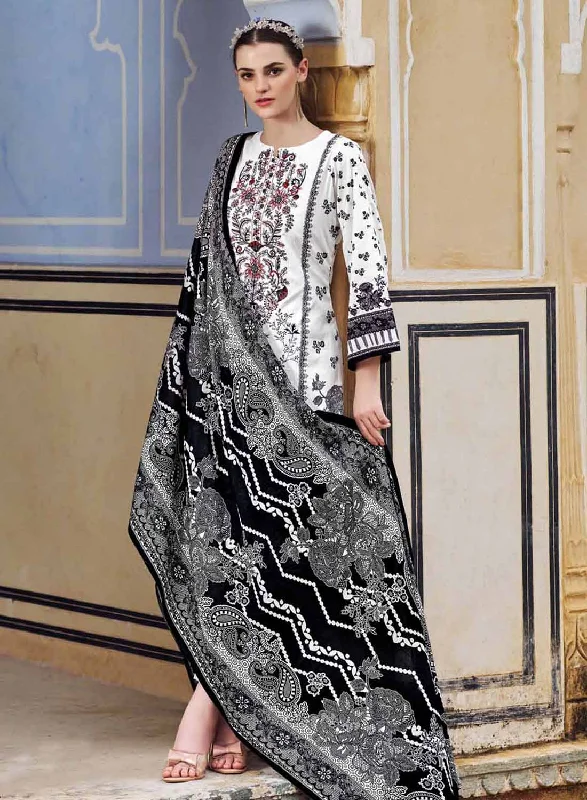 White Pakistani Print Unstitched Cotton Suit Dress Material with Embroidery
