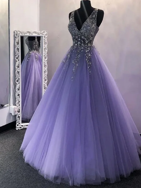 A Line V Neck Sequins Purple Tulle Long Prom Dresses,  Lilac Beaded Long Formal Evening Praty Dresses