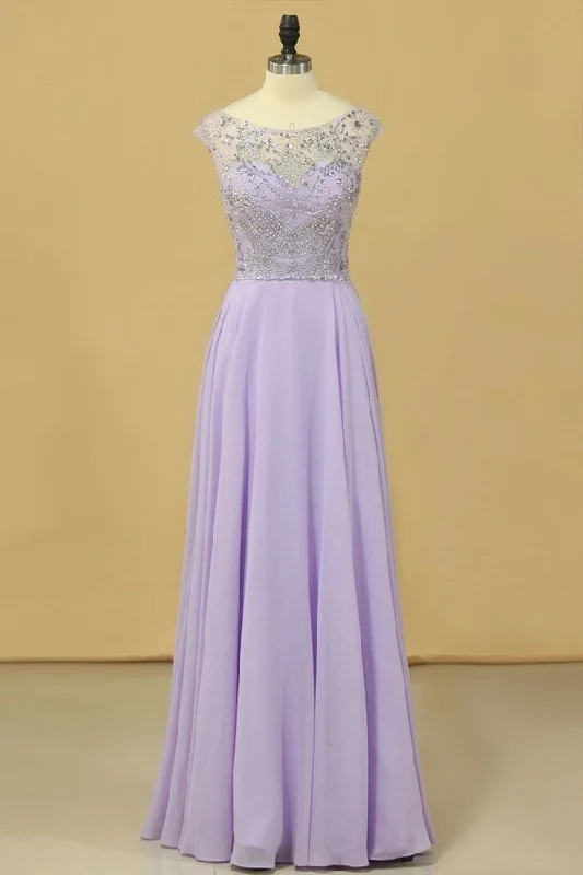 2024 Prom Dresses A-Line Scoop Floor-Length Chiffon Beaded PJSKP1RZ