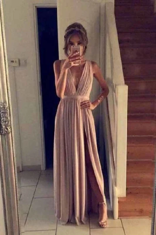 2024 Prom Dresses V Neck Chiffon With Ruffles And Slit P83J14XZ