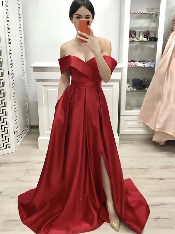 A Line Red Off Shoulder Long Prom Dresses with High leg Slit, Red Off the Shoulder Formal Evening Graduation Dresses A Line Red Off Shoulder Long Prom Dresses with High leg Slit, Red Off the Shoulder Formal Evening Graduation Dresses