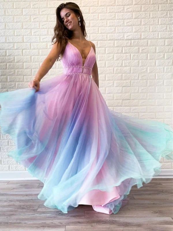 Custom Made V Neck Ombre Spaghetti Straps Sleeveless Tulle Long Prom Dresses, Multi Color V Neck Back Formal Evening Dresses Custom Made V Neck Ombre Spaghetti Straps Sleeveless Tulle Long Prom Dresses, Multi Color V Neck Back Formal Evening Dresses