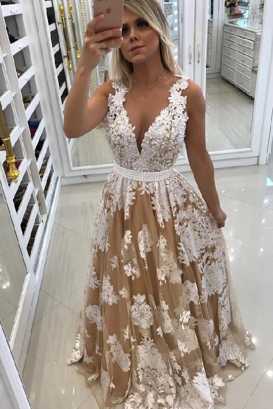 2024 Scoop A Line Tulle Prom Dresses With Applique And PYHJK5YC
