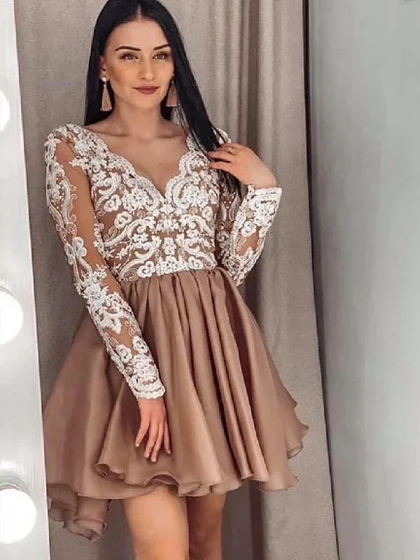 V Neck Short Champagne Lace Long Sleeves Prom Dresses, Short Champagne Lace Formal Graduation Homecoming Dresses V Neck Short Champagne Lace Long Sleeves Prom Dresses, Short Champagne Lace Formal Graduation Homecoming Dresses