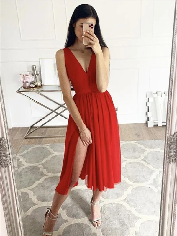 A Line V Neck Red Tea Length Chiffon Prom Dresses, V Neck Red Formal Evening Dresses A Line V Neck Red Tea Length Chiffon Prom Dresses, V Neck Red Formal Evening Dresses