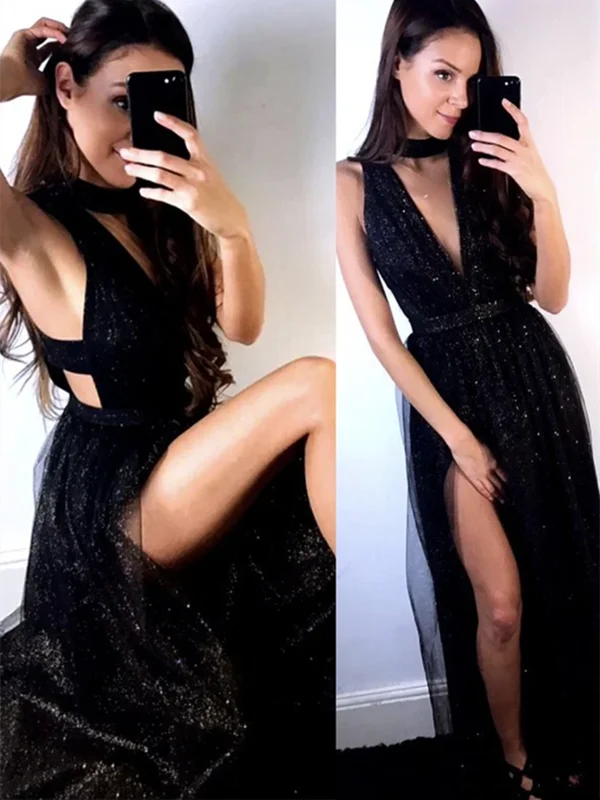 V Neck Black Sequins Tulle Long Prom Dresses With Leg Slit, Black Sequins Tulle Long Formal Evening Dresses V Neck Black Sequins Tulle Long Prom Dresses With Leg Slit, Black Sequins Tulle Long Formal Evening Dresses