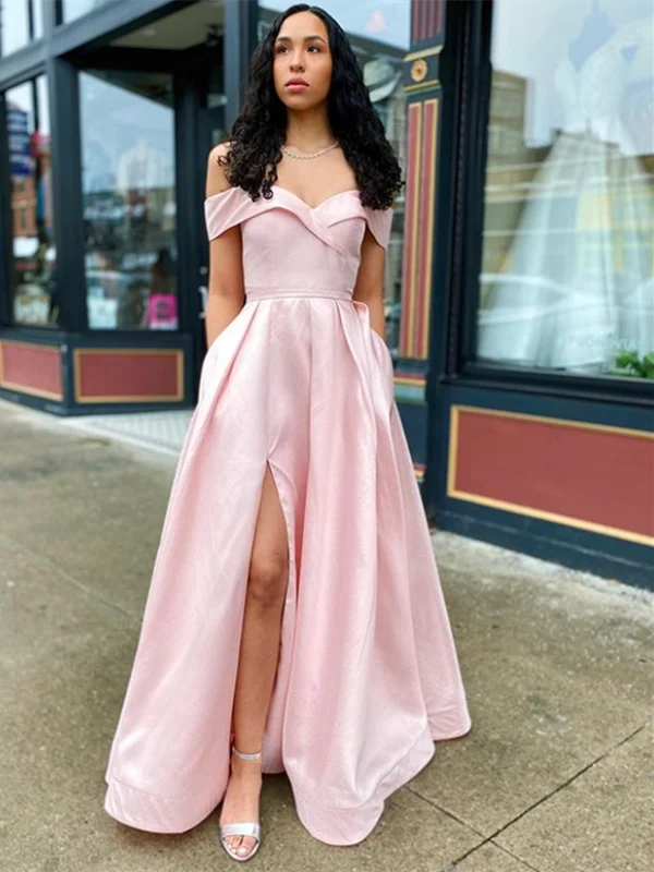 Pink Off Shoulder Satin Long Prom Dresses With Leg Slit, Pink Formal Dresses, Off The Shoulder Evening Graduation Dresses Pink Off Shoulder Satin Long Prom Dresses With Leg Slit, Pink Formal Dresses, Off The Shoulder Evening Graduation Dresses