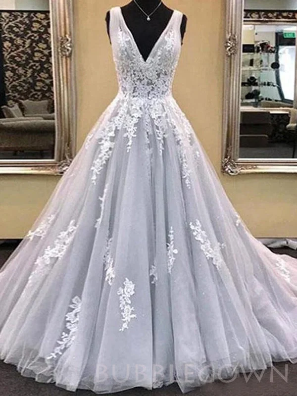 A-line Grey Tulle Appliques Lace Long Evening Prom Dresses, Cheap Custom Prom Dresses, MR7959 A-line Grey Tulle Appliques Lace Long Evening Prom Dresses, Cheap Custom Prom Dresses, MR7959