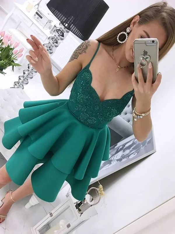 A Line V Neck Green Lace Short Satin Prom Dresses, V Neck Green Lace Short Satin Formal Evening Homecoming Dresses A Line V Neck Green Lace Short Satin Prom Dresses, V Neck Green Lace Short Satin Formal Evening Homecoming Dresses