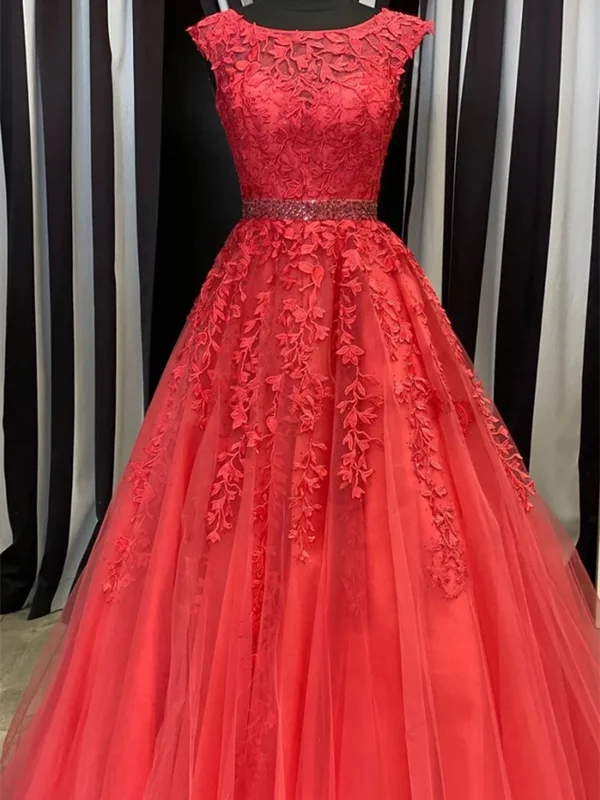 Red Round Neck Tulle Lace Long Prom Dresses, Red Round Neck Tulle Lace Long Formal Evening Dresses Red Round Neck Tulle Lace Long Prom Dresses, Red Round Neck Tulle Lace Long Formal Evening Dresses