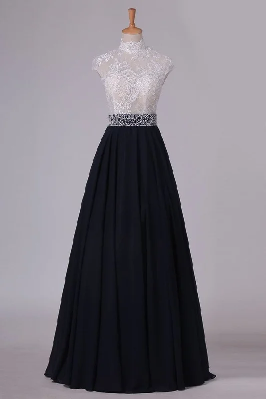 2024 Prom Dresses High Neck Chiffon With Applique A Line Floor PFG2Y8C4