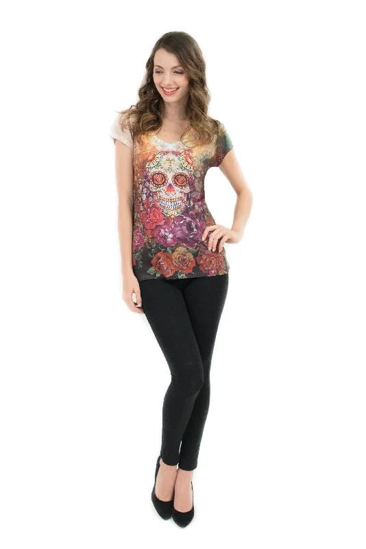 Sugar Skull V Neck T Shirt Beautiful Print Decorated with Rhinestones