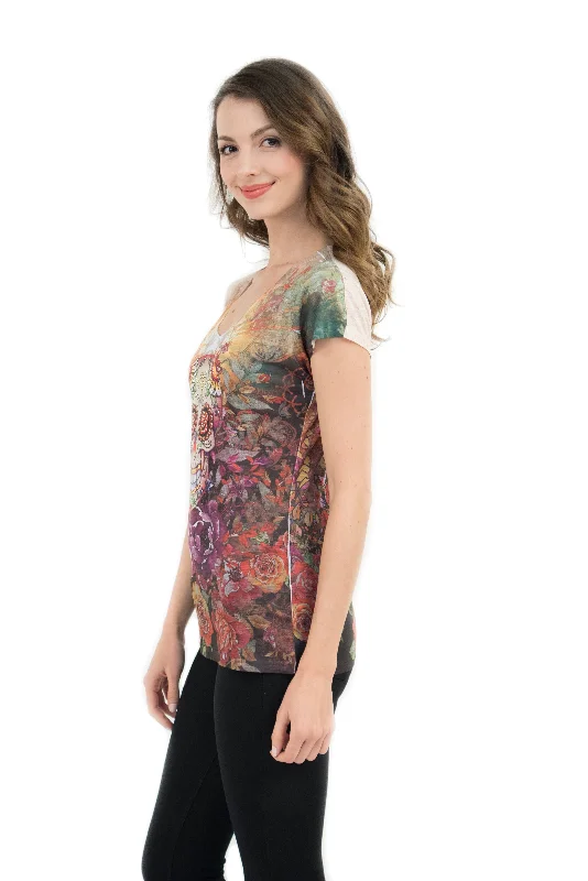 Sugar Skull V Neck T Shirt Beautiful Print Decorated with Rhinestones