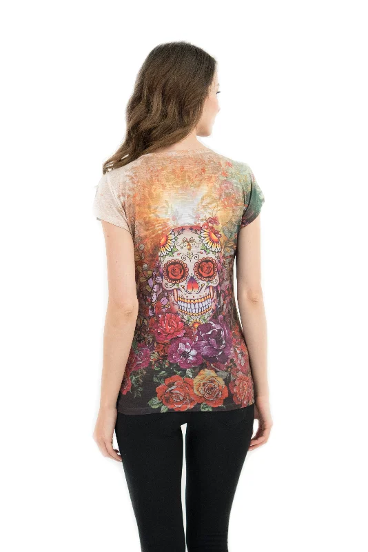 Sugar Skull V Neck T Shirt Beautiful Print Decorated with Rhinestones