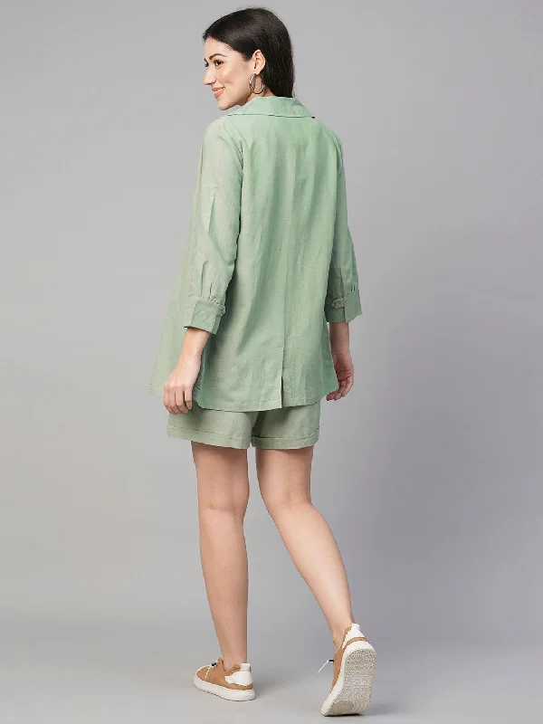 Women's Green Viscose Linen Cotton Regular Fit Jacket