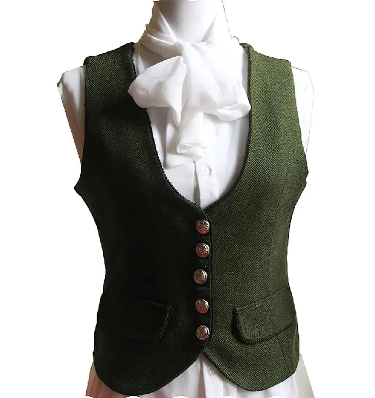 Classic U Neck Herringbone Women Waistcoat Chic Fleece Waistcoat Jacket