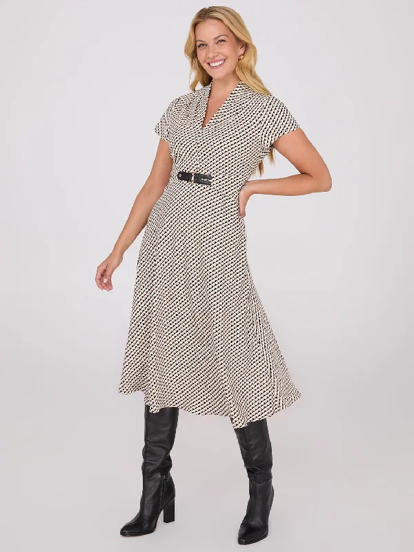 Geo Print Shawl Collar Belted Midi Dress Stylish Pashmina Shawl Wrap