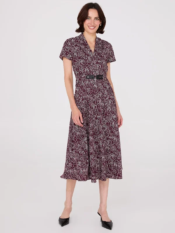 Floral Print Shawl Collar Belted Midi Dress Elegant Lace Shawl Wrap