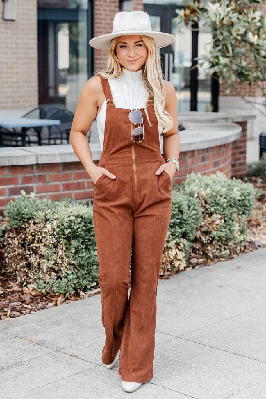 Perfect For You Brown Corded Zip Up Overalls FINAL SALE Tapered Leg Overalls