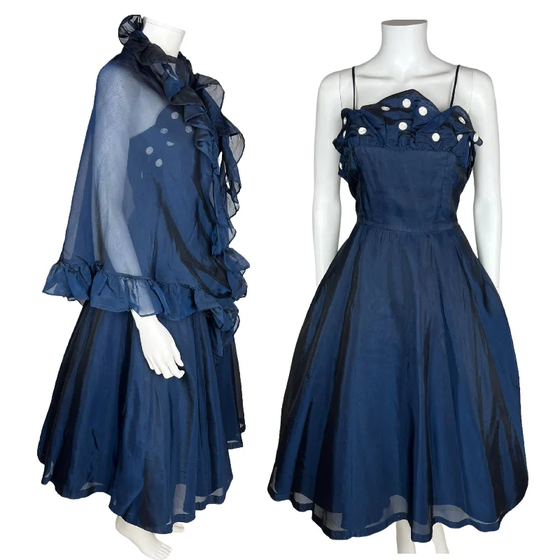 Vintage 1950s Party Dress w Spaghetti Straps and Organza Shawl Trendy Chunky Knit Shawl