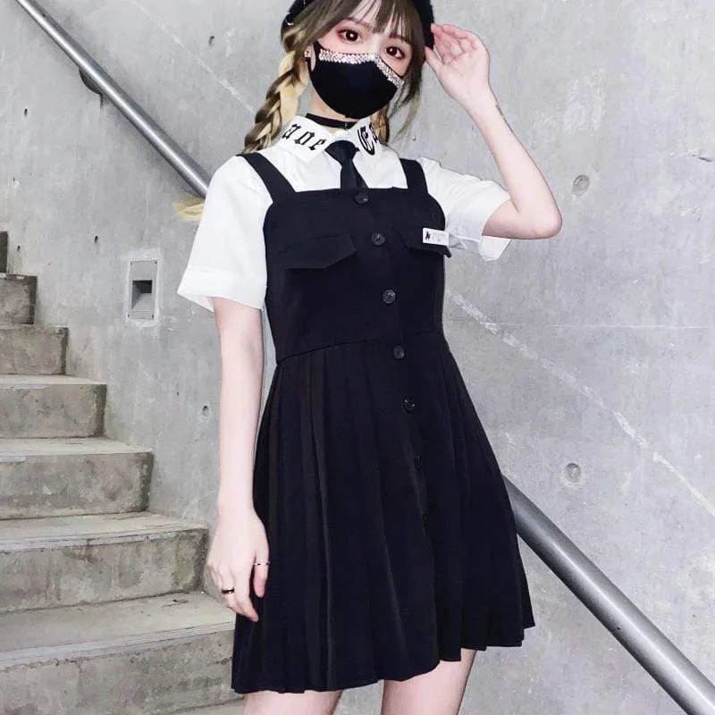 Women's Grunge Single-breasted JK Pleated Overalls Dresses Utility Pocket Jumpsuit