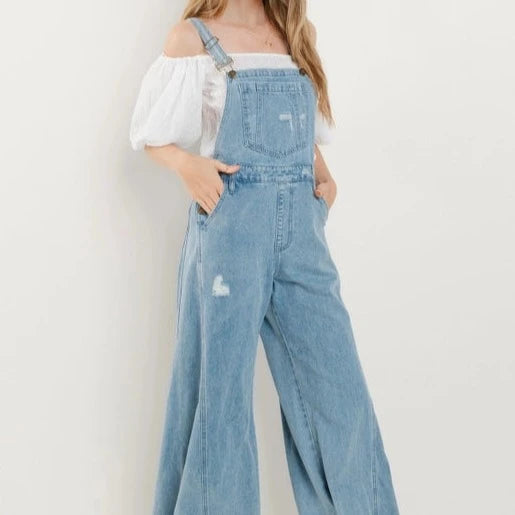 Women's Distressed Wide Leg Denim Overalls in Light Wash Belted Waist Jumpsuit