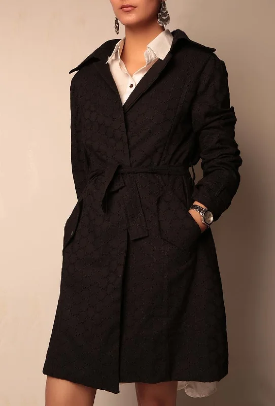 Black Shifley Trench Coat With Metallic Embellishments And Belt Elegant Trench Coat with Belt
