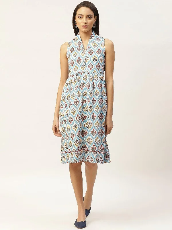 Women's Blue Floral Shawl Collar Front Open Dress - SASSAFRAS Comfortable Silk Shawl Women's Blue Floral Shawl Collar Front Open Dress - SASSAFRAS Comfortable Silk Shawl