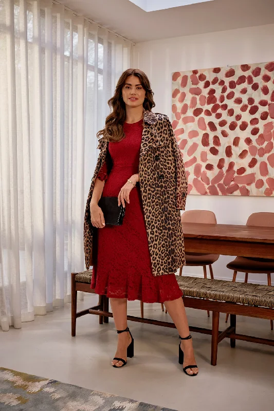 Leopard Print Double Breasted Trench Coat Classic Beige Trench Coat