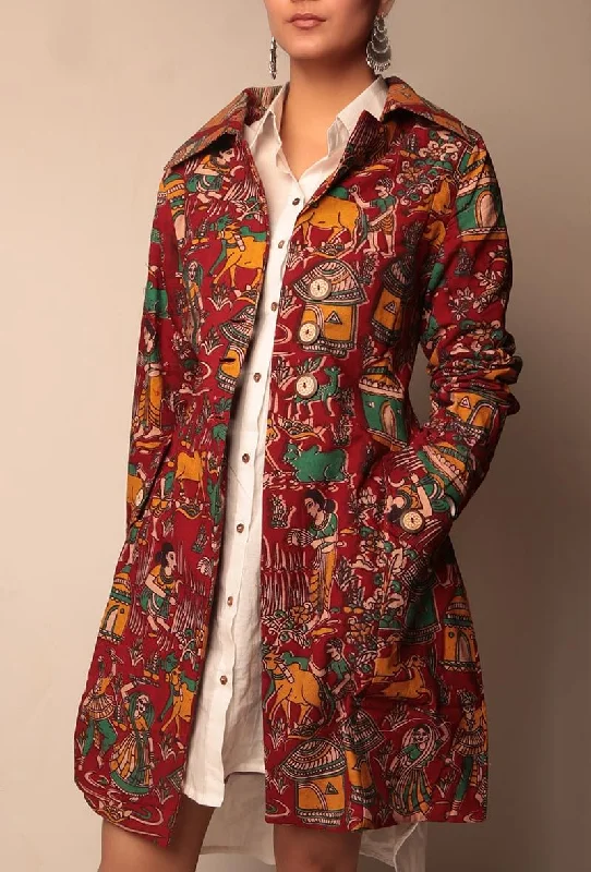 Deep Red Kalamkari Trench Coat With Wooden Buttons Classic Plaid Wool Trench