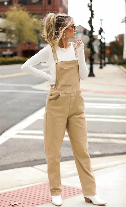 FINAL SALE - Feeling Confident Khaki Overalls Stretchy Waist Romper
