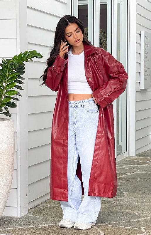 Finn Red PU Trench Coat Comfortable Trench Coat for Women
