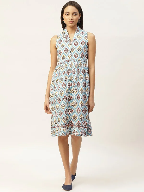 Women's Blue Floral Shawl Collar Front Open Dress - SASSAFRAS Trendy Boho Style Shawl Women's Blue Floral Shawl Collar Front Open Dress - SASSAFRAS Trendy Boho Style Shawl