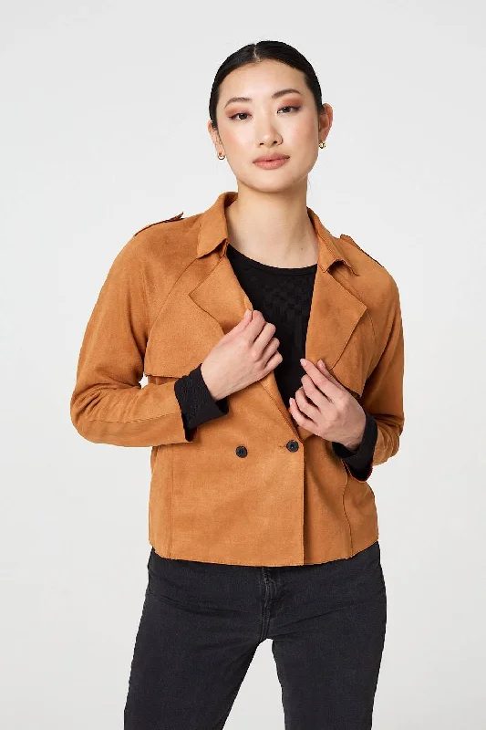 Suede Texture 3/4 Sleeve Cropped Trench Coat Modern Long Trench Jacket