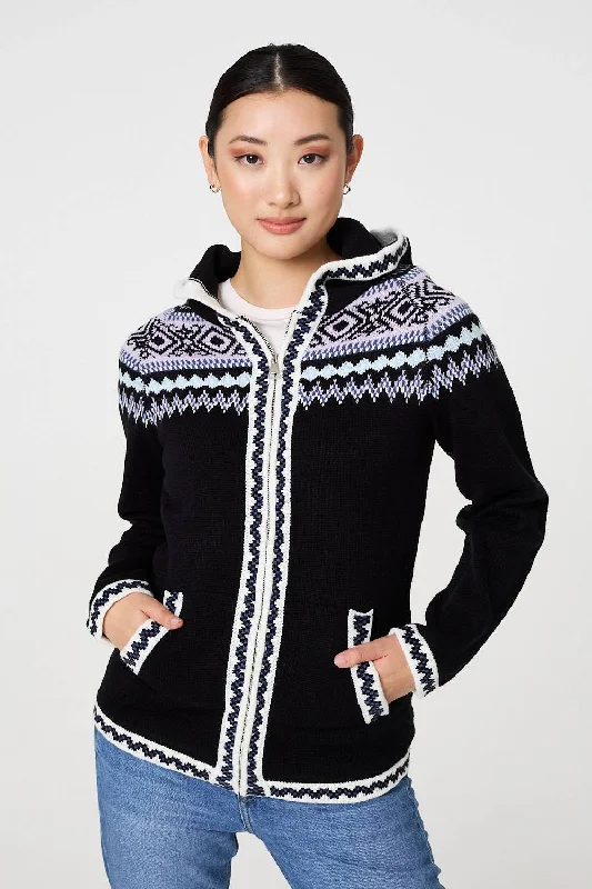 Ikat Print Zip Front Hooded Jumper Hoodie with Print Artistic Unique