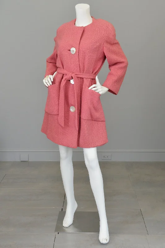 1950s Pink Bouclé Patch Pockets Coat Parka Anorak Hoodie