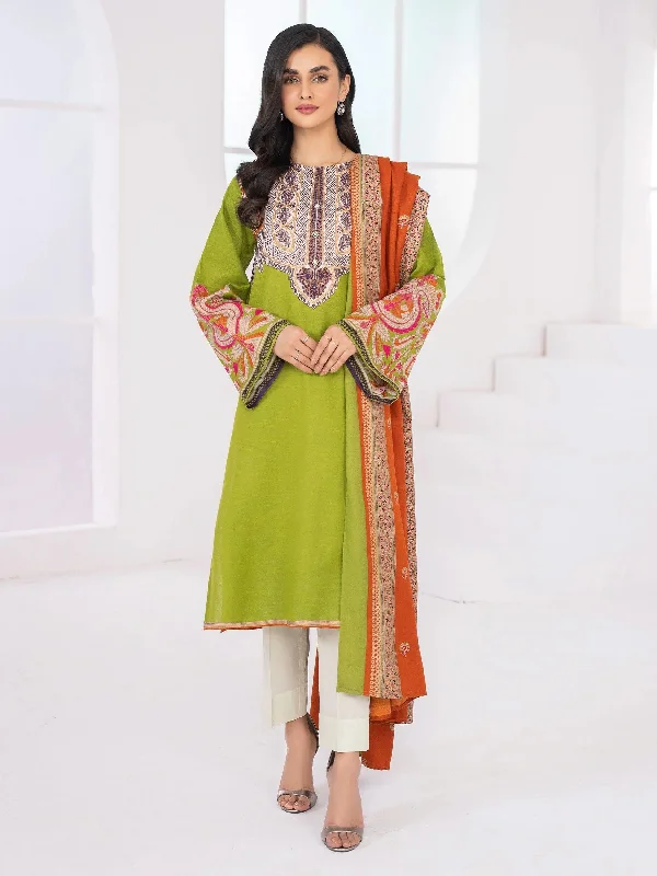 3pc LimeLight Khaddar Wool Shawl Dress u1415-Green Fashionable Shawl with Tassels