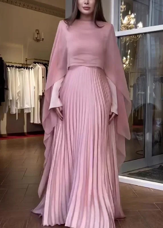 Autumn New Pink Pleated Long Sleeved Dress Shawl Set QL041 Cozy Knit Shawl Cape