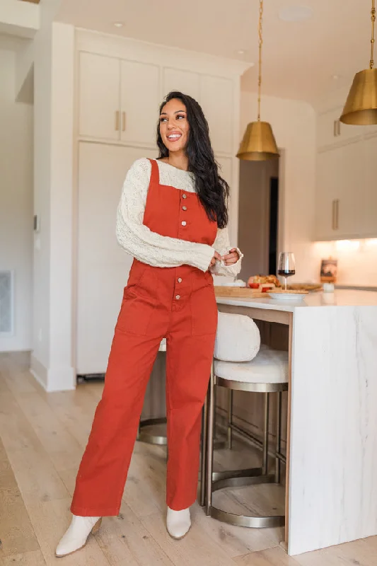 Can't Replace You Rust Button Front Wide Leg Overalls Sleeveless Fitted Overalls