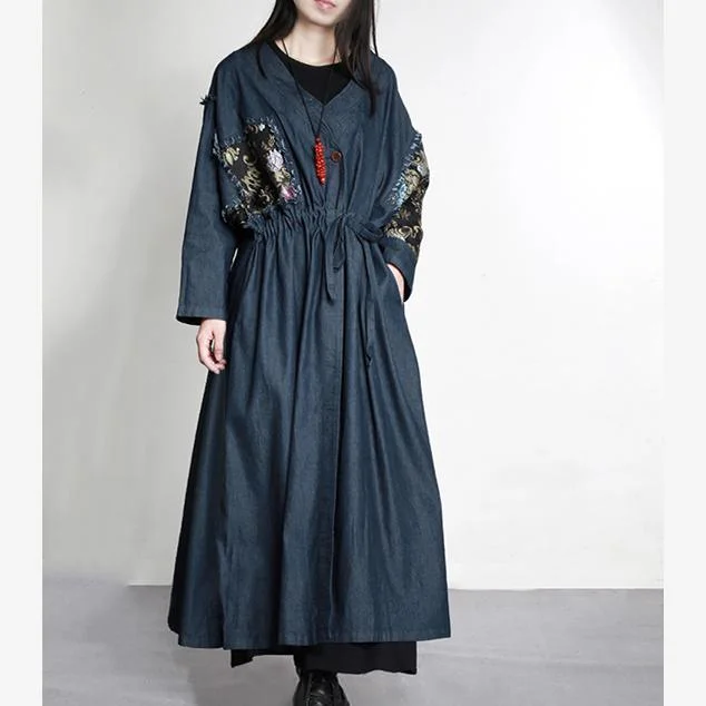 Denim blue winter prints patchwork cotton trench coat dresses plus size drawstring slim maxi caftans Stylish Full-Length Trench Coat Denim blue winter prints patchwork cotton trench coat dresses plus size drawstring slim maxi caftans Stylish Full-Length Trench Coat