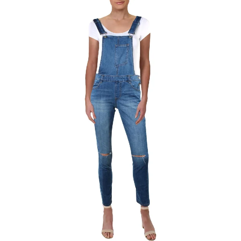 Dollhouse Womens Juniors Denim Destroyed Overalls Tapered Leg Overalls