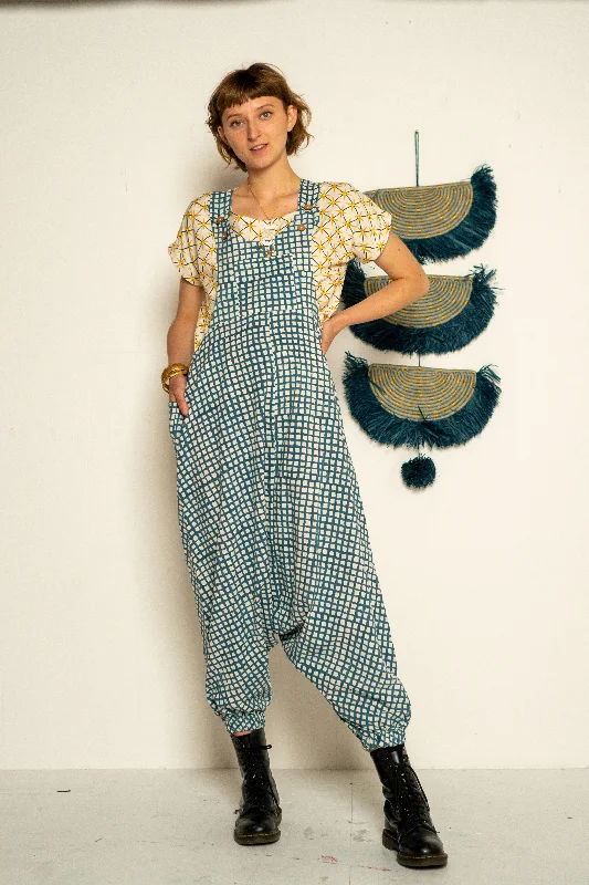 Drop Crotch Overalls - Teal Waffle Print Patch Pocket Overalls