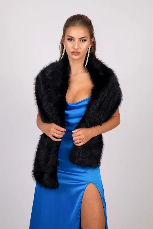 Marcella Faux Fur Shawl - Black Trendy Crochet Shawl Scarf