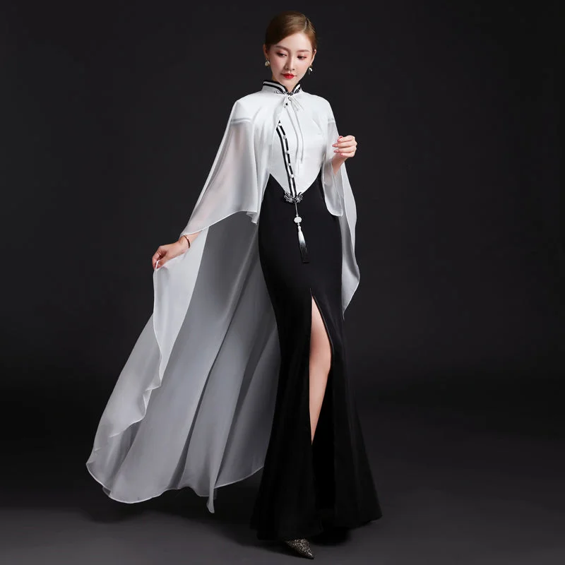 Open Front Mermaid Cheongsam Chinese Evening Dress with Shawl Fashionable Shawl with Fringe
