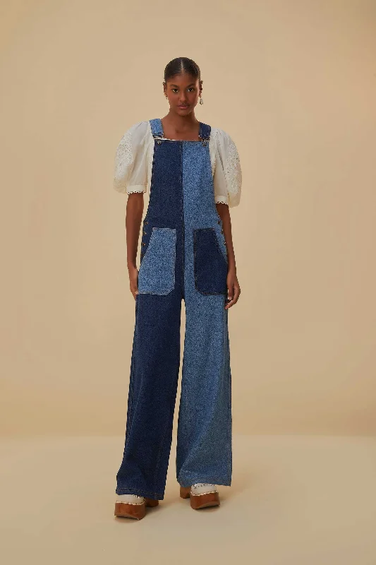 Patch Denim Overalls Vintage-Inspired Jumpsuit