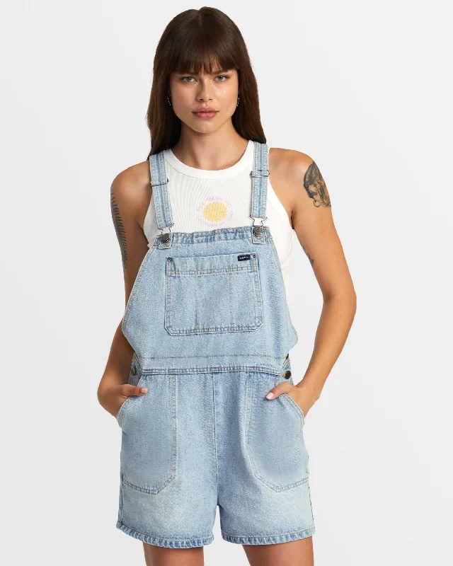 Succession Short Denim Overalls - Bleached Indigo Checkered Plaid Overalls