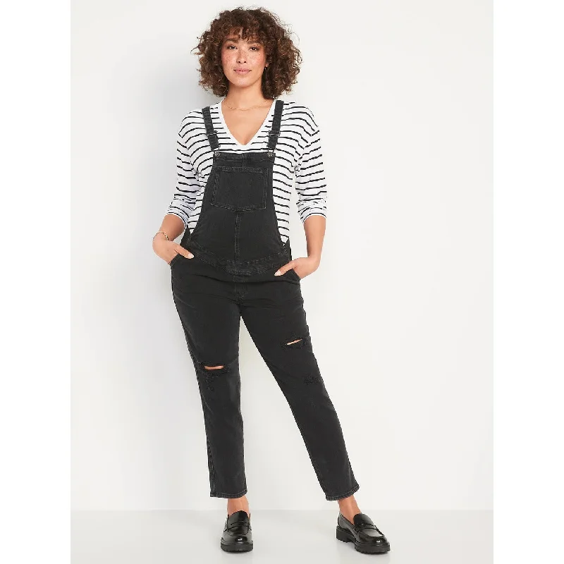 Side-Panel Straight Black-Wash Jean Overalls Fitted Jean Jumpsuit