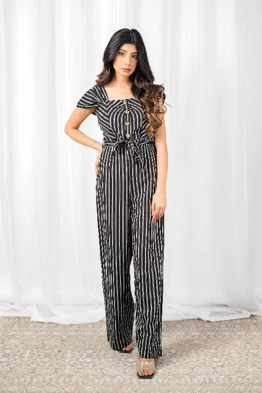 Women's Stripes Shoulder Overalls Wide Legs Minor Fault Jumpsuit Casual Loose Jumpsuit