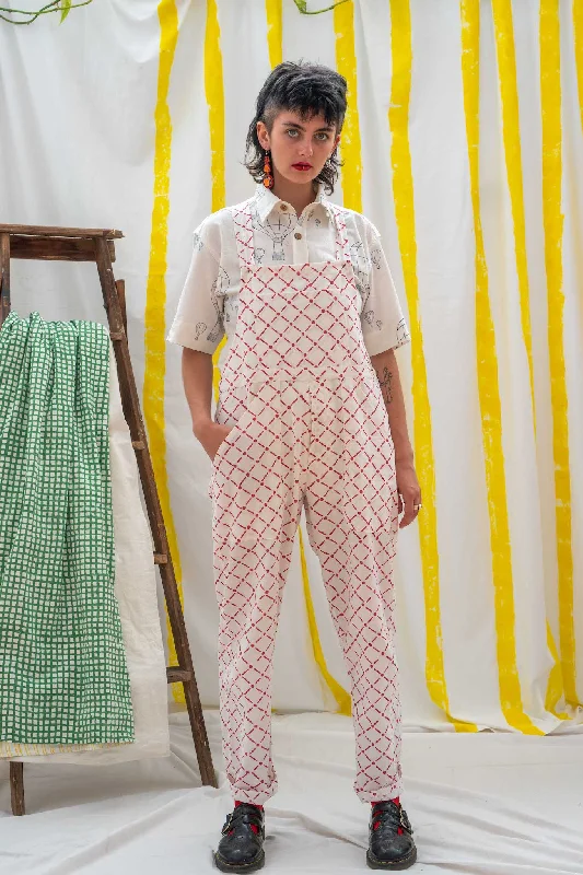Work Overalls - Red Tile Print Layered Effect Jumpsuit