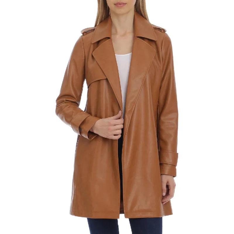 Avec Les Filles Women's Faux Leather Open Front Trench Coat Fashionable Pleated Trench Coat Avec Les Filles Women's Faux Leather Open Front Trench Coat Fashionable Pleated Trench Coat